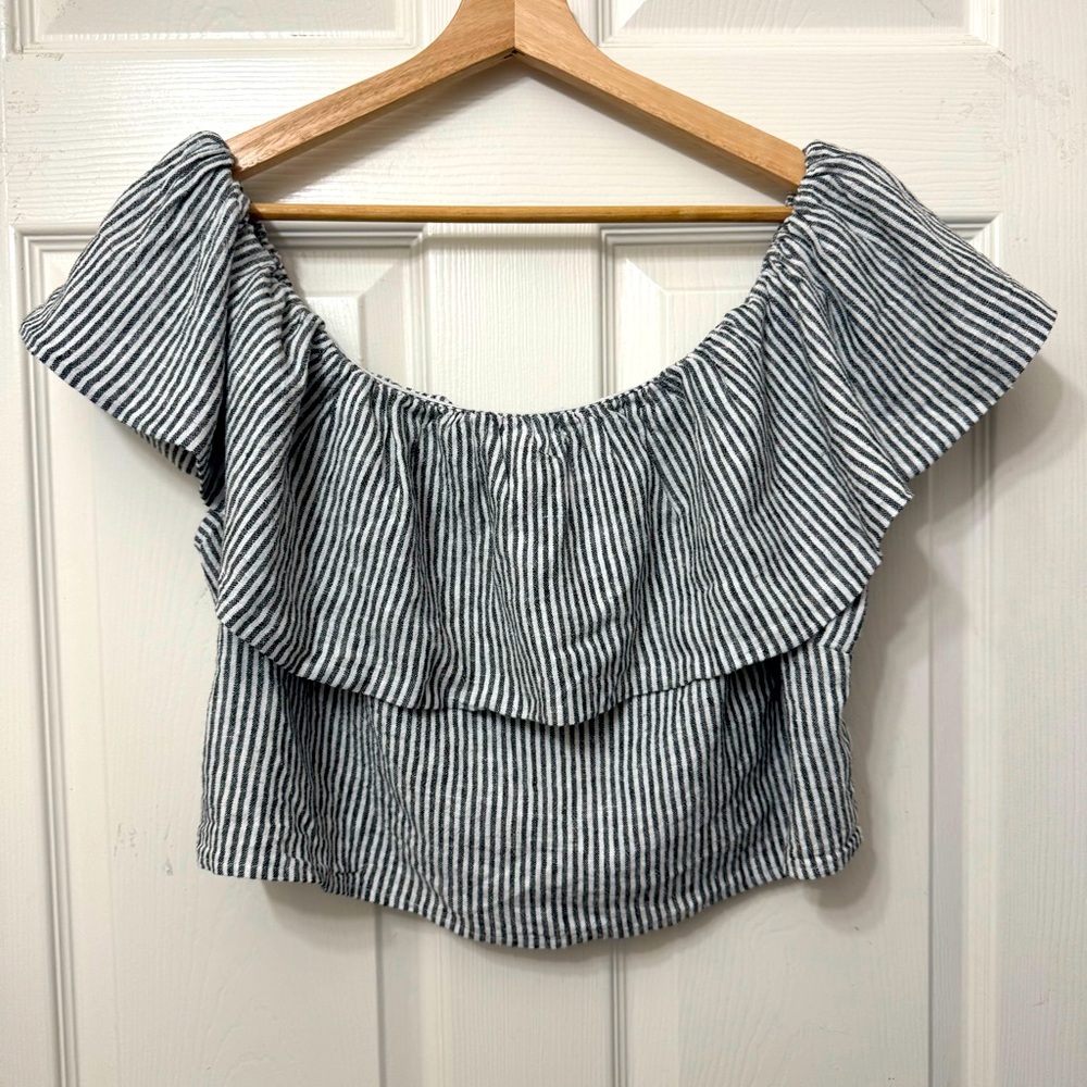 A New Day Women’s Black White Striped Ruffle Off-Shoulder Crop Top Size XXL NWT